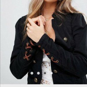 Black Jagger Free People Military Mock-Button-Down w/ leather corset sleeves